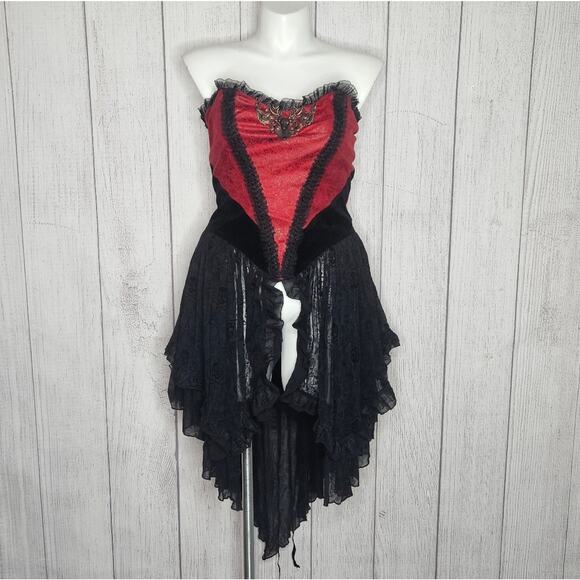Devil Fashion Tops - Devil Fashion Steampunk Basque Corset Top with Lace Skirt & Bustle, size M/L